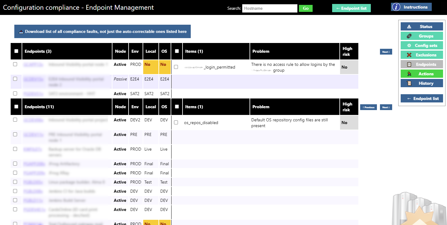 Screenshot of the endpoint management tool configuration compliance page