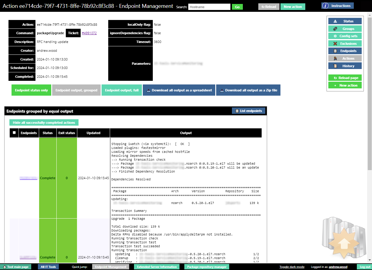 Screenshot of the endpoint management tool's action details page